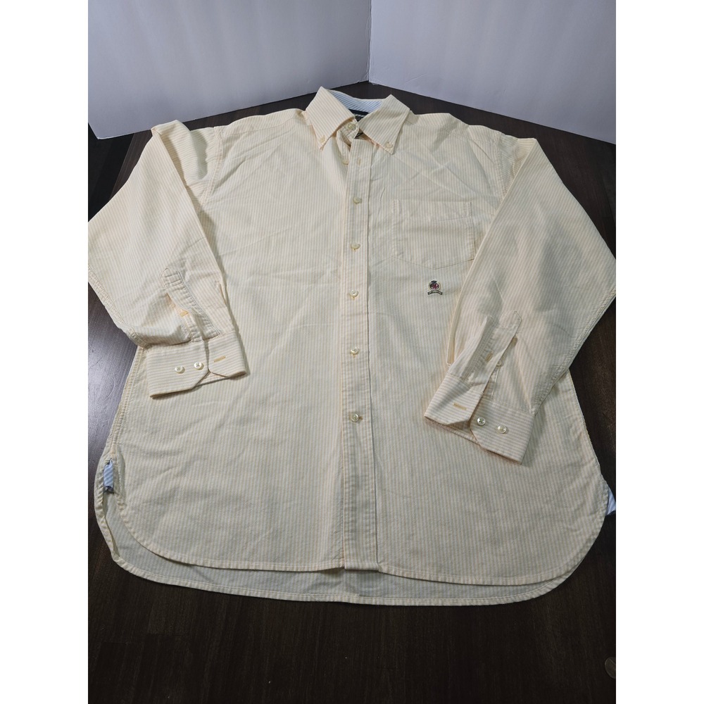 Tommy Hilfiger Mens Yellow White Striped Button Down Shirt Crest Logo Size M